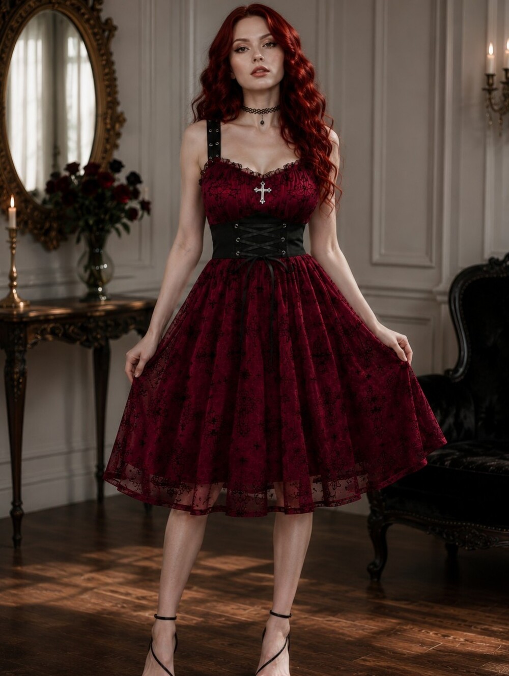 Rosegal Gothic Cross Corset Lace Up Mesh Dress Red Black M NWT Alt Y2K